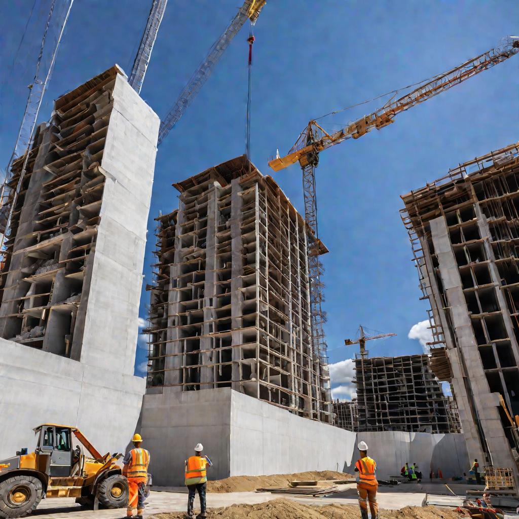 Строительная площадка. Рабочие просматривают чертежи у недостроенной стены. На заднем плане кран поднимает стройматериалы на верхние этажи высотки.