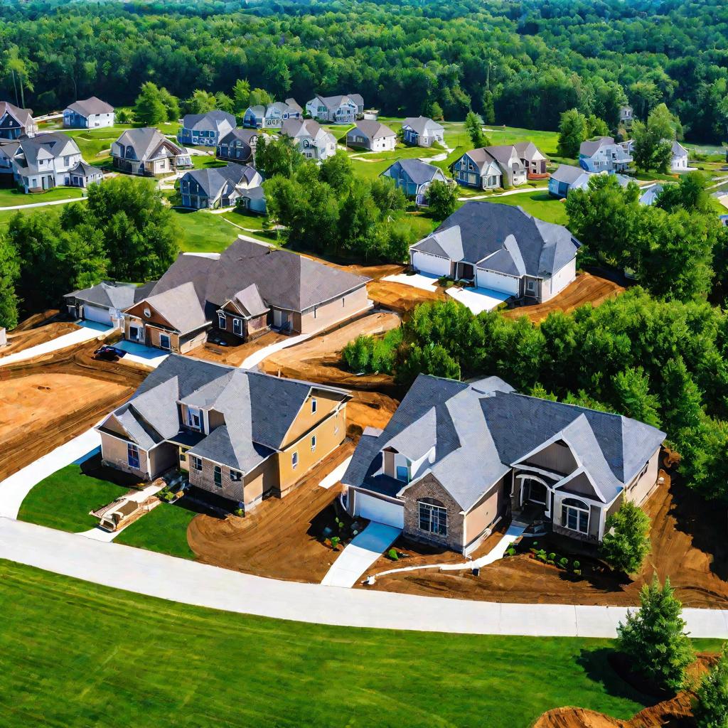 Вид сверху на строящийся жилой район в солнечный день. На переднем плане дома на разных стадиях строительства. На заднем уже готовые дома с машинами и деревьями. Рабочие трудятся над двумя домами.