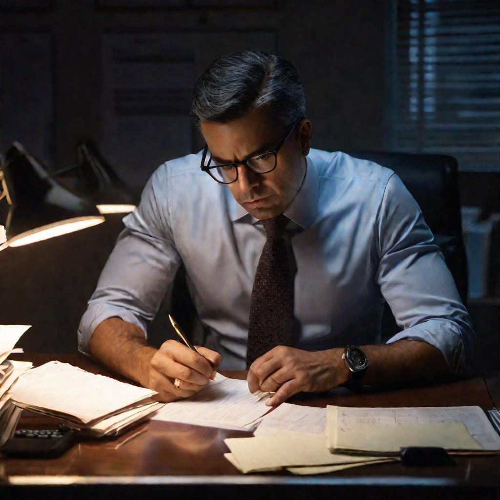 Бухгалтер работает над расчетами ночью при свете настольной лампы