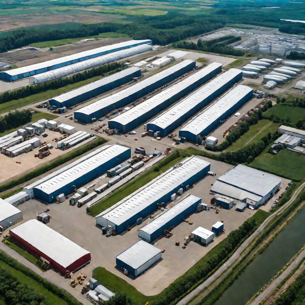 Вид сверху на огромный завод, где в солнечный летний день рабочие грузят в грузовики товары в упаковке с наклейками маркировки ЕАС