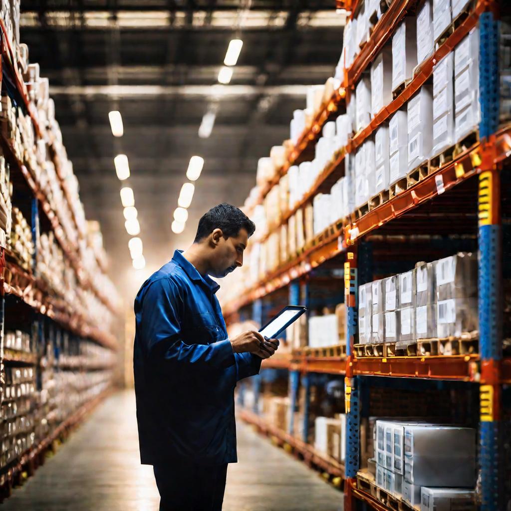 Складской управляющий, проверяющий ряды товаров на полках в большом тускло освещенном складе, изучающий наклейки и стикеры на упаковках товаров в туманное утро