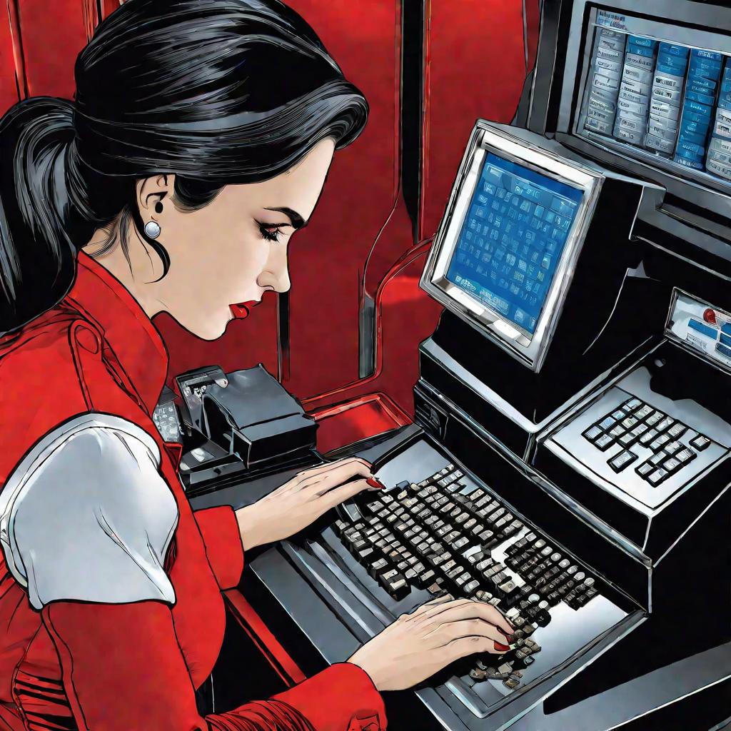 Портрет кассирши в красной форме, работающей на современной электронной кассе.