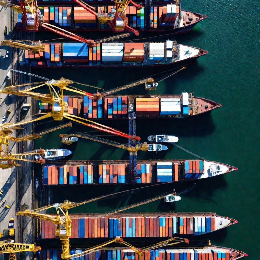 Вид сверху на портовый терминал с причалами и контейнерами. Чайки летают над причалами. Краны грузят контейнеры на корабли. Грузовики ждут, чтобы забрать контейнеры.