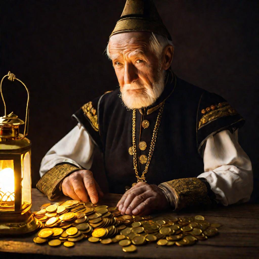 Пожилой мужчина в историческом костюме 19 века считает золотые рубли при теплом желтом свете лампы