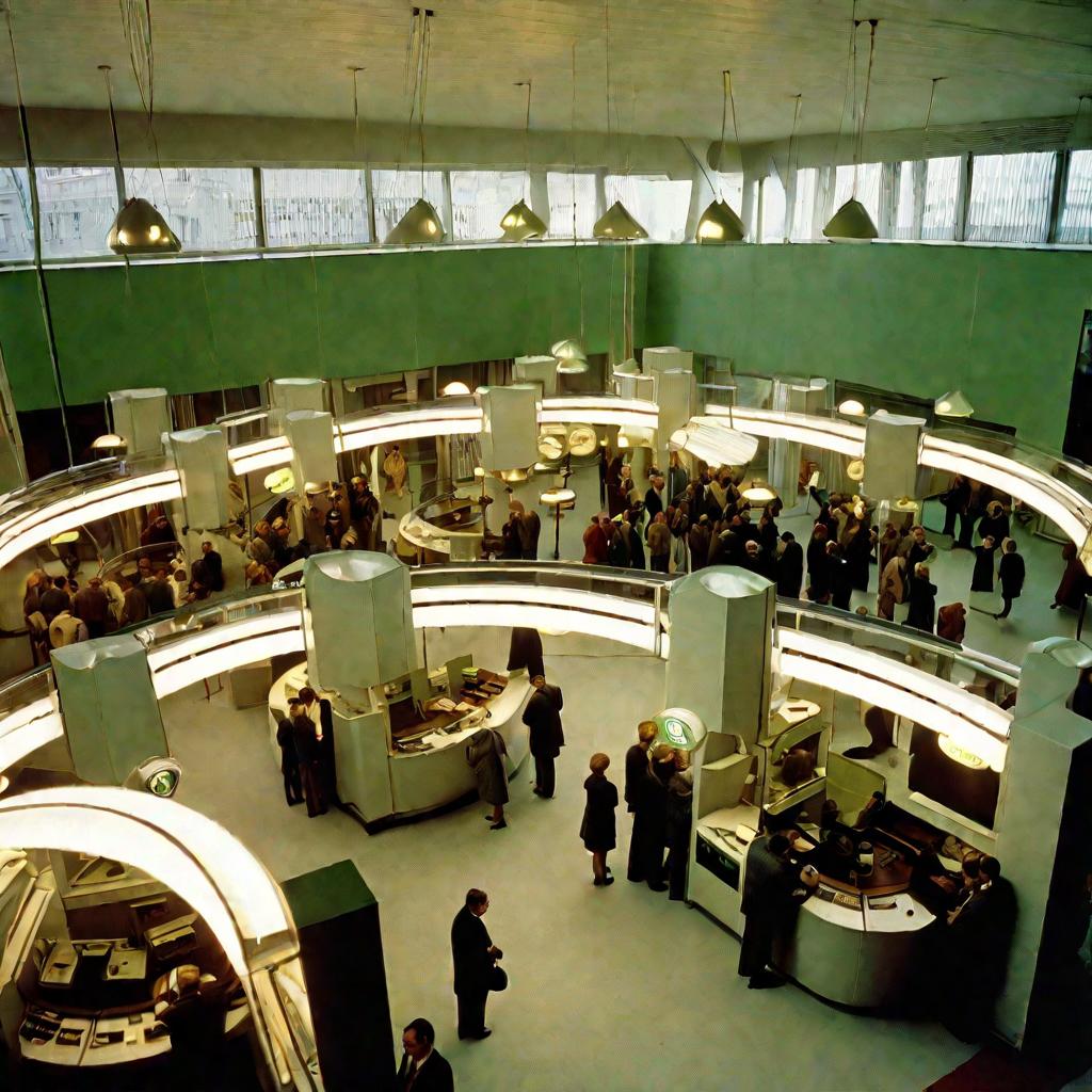 Вид сверху на интерьер отделения Сбербанка 1980-х годов в СССР, где люди стоят в очереди, чтобы положить сбережения на счет