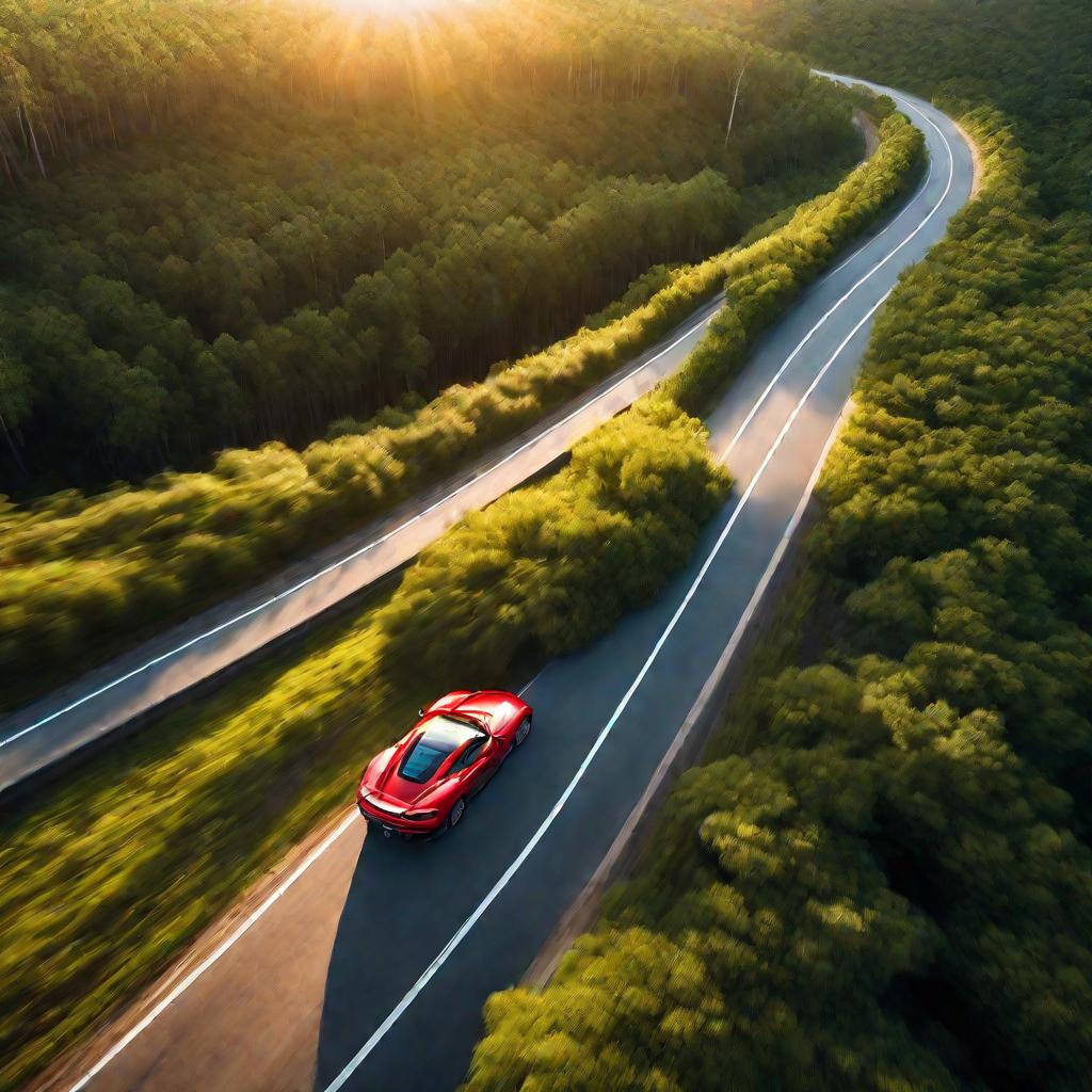 Спортивный автомобиль едет по дороге в лесу на закате солнца
