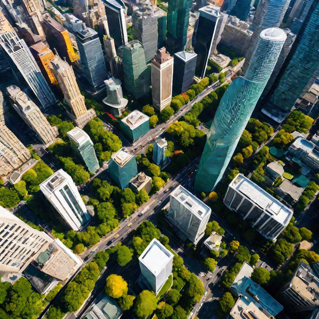 Вид сверху на оживленный солнечный город