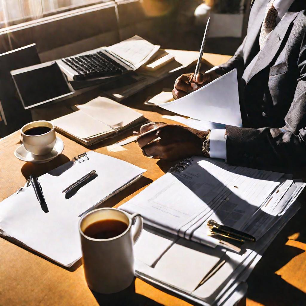 Вид сверху на беспорядочный рабочий стол в офисе