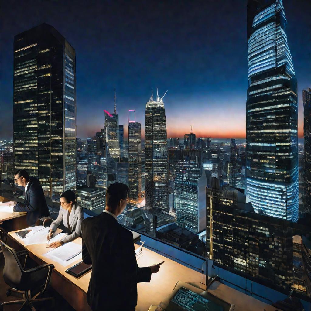 Ночной вид офиса юристов с освещенными небоскребами на заднем фоне