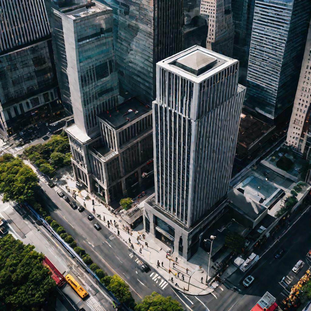 Вид сверху на здание банка в деловом центре города