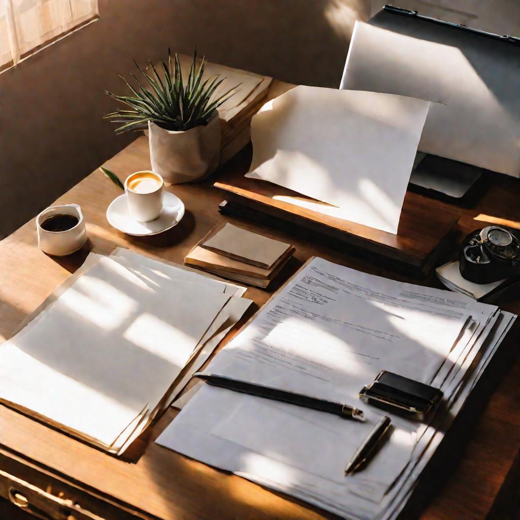 Вид сверху на деревянный стол с грудой бумаг и открытым ноутбуком. Верхний лист - это договор с ручкой, лежащей на нем. Лучи солнца падают на документ. Фон размыт.