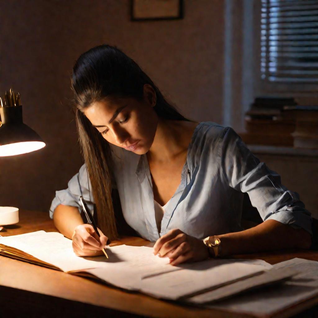 Женщина за столом при свете лампы вечером читает важное официальное письмо из стопки документов и делает заметки ручкой в блокноте