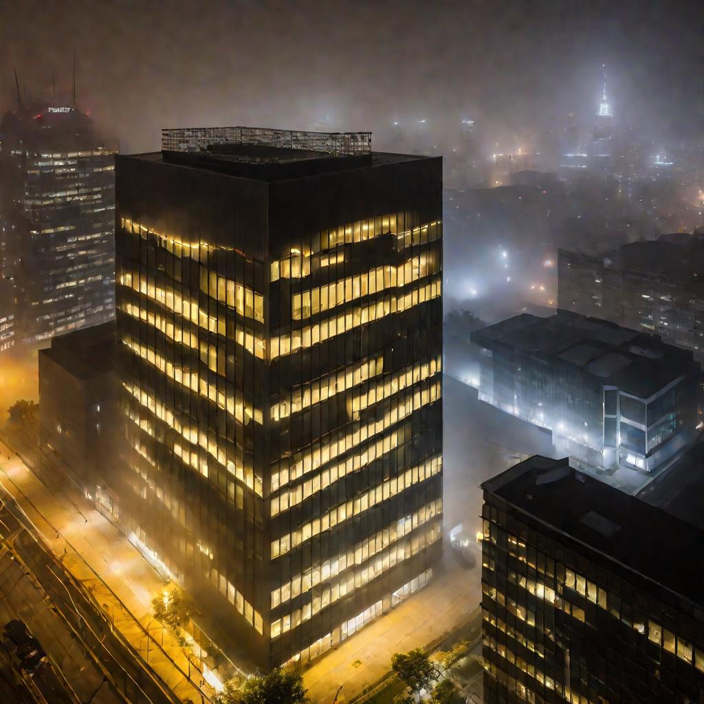 Здание офиса ночью в тумане с редким дежурным освещением