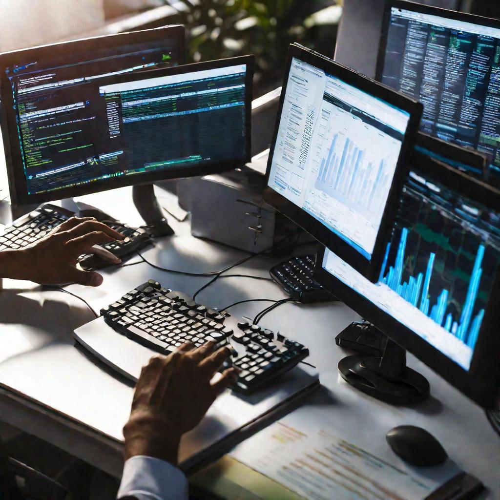 Руки печатают быстро на клавиатуре с мониторами.