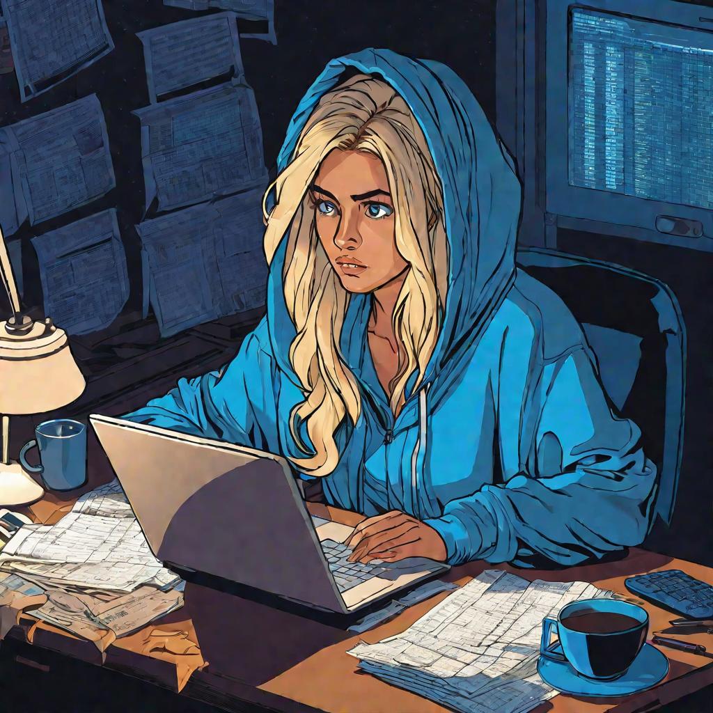 Молодая женщина с растрепанными светлыми волосами сидит за столом в слабо освещенном домашнем офисе поздно ночью. На ней огромная толстовка с капюшоном, она с тревогой смотрит на экран ноутбука, прокручивая сложную электронную таблицу. Холодный синий свет