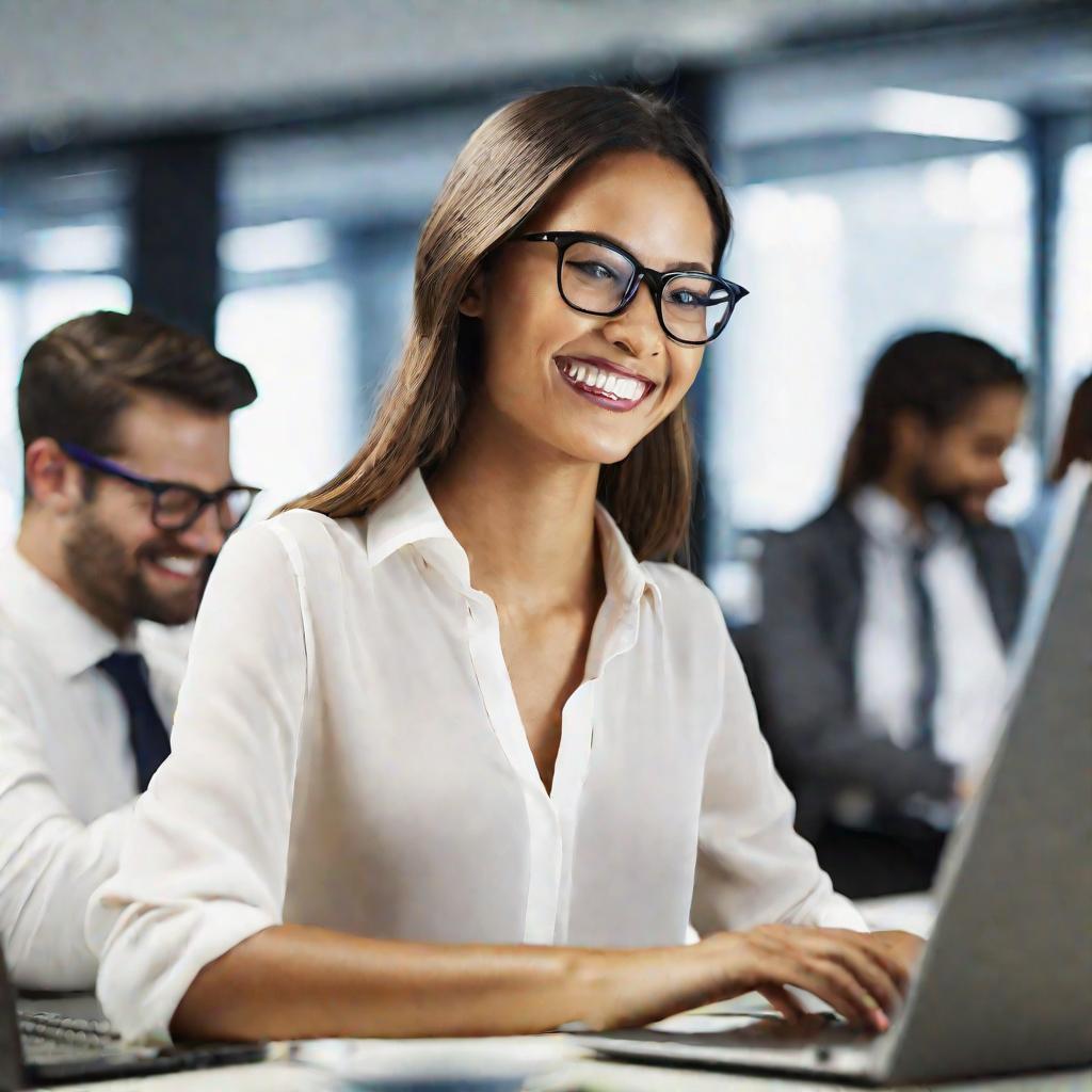 Сотрудница за ноутбуком в офисе