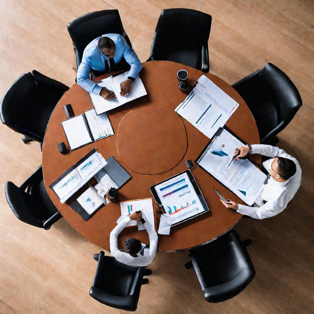 Люди обсуждают документы за столом на совещании