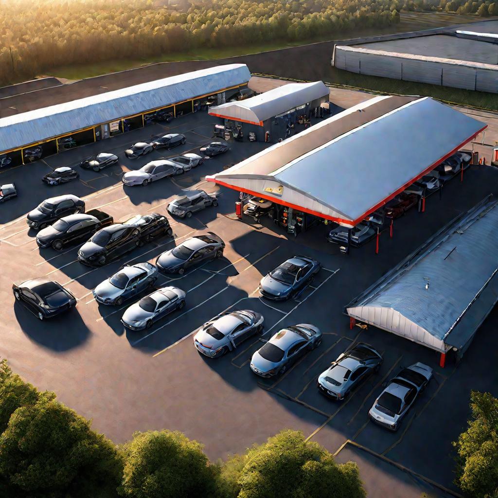 Вид сверху на автосервис с припаркованными машинами.