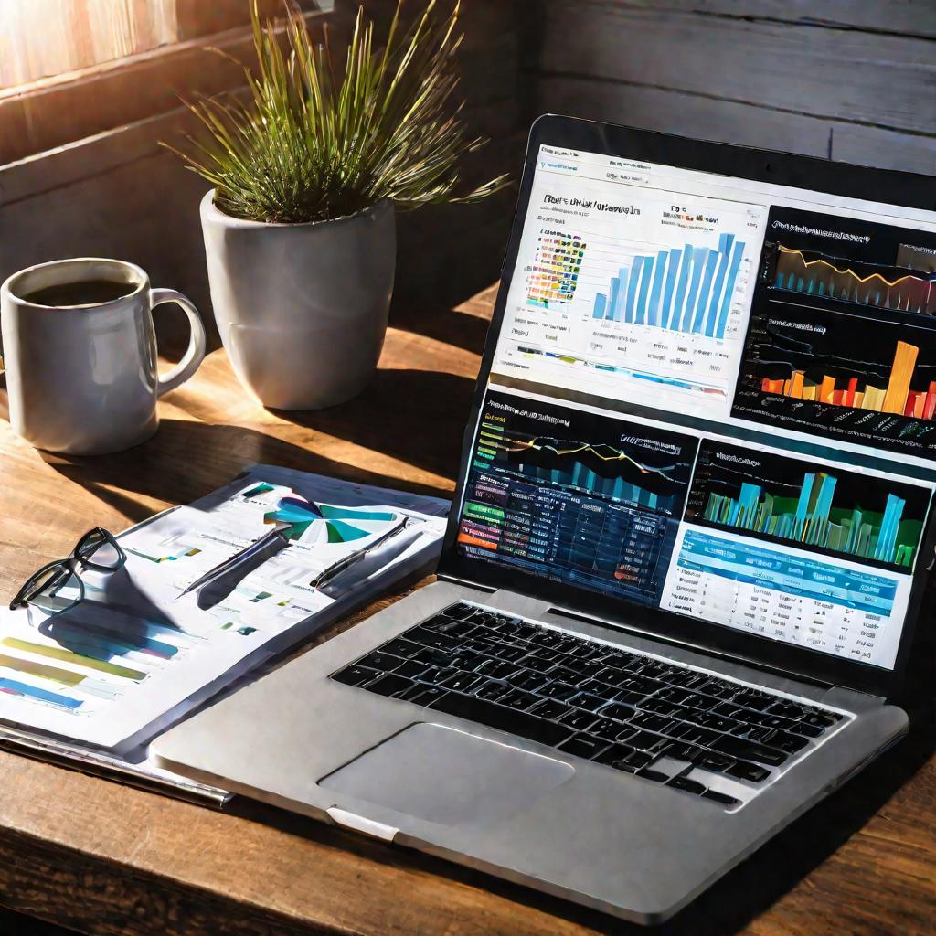 Вид сверху на открытый ноутбук на полированном деревянном столе с открытой программой бухгалтерских таблиц, демонстрирующей графики и финансовые данные, связанные с налогами и бухучетом. Солнечный свет струится из близлежащего окна, освещая комплексные гр