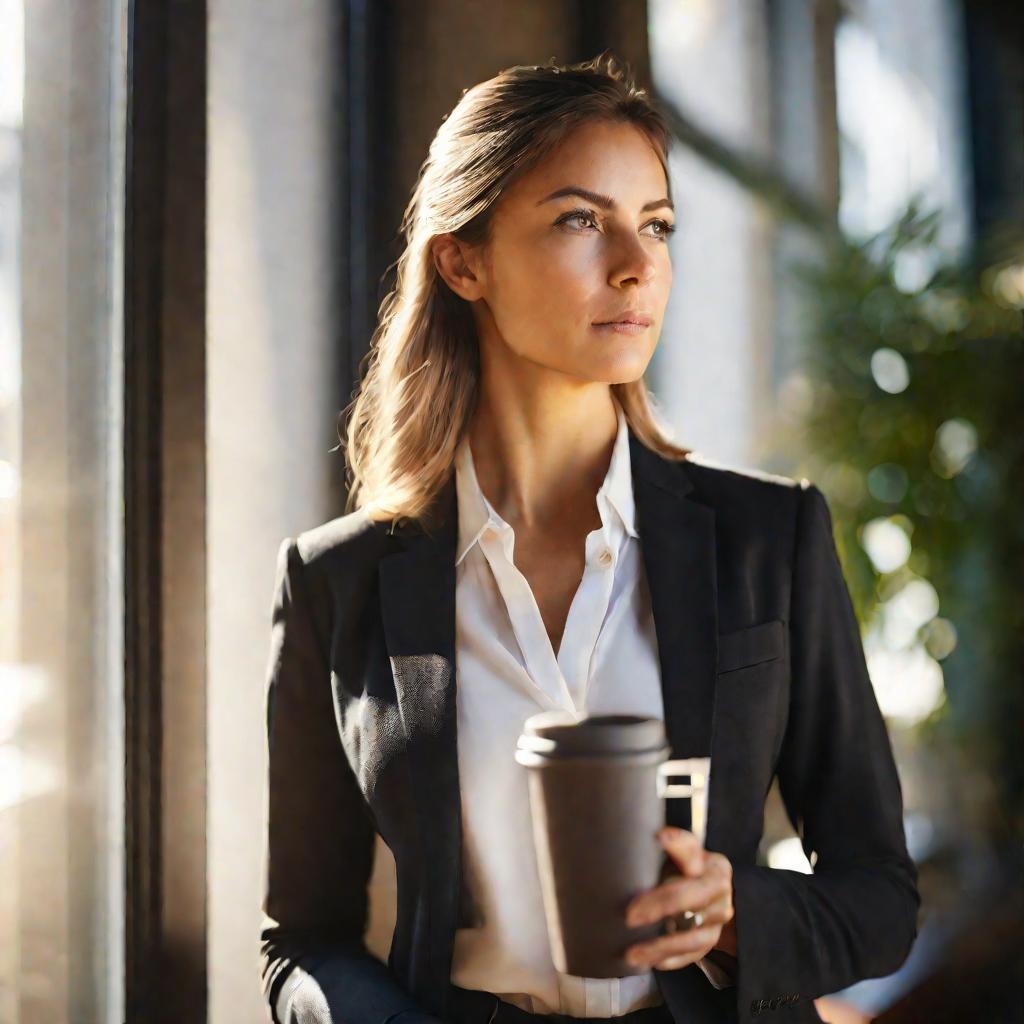 Крупный портрет привлекательной молодой бизнесвумен в костюме, стоящей у окна и задумчиво смотрящей вдаль. Солнечный свет струится по ее лицу. В одной руке она держит чашку кофе, в другой - толстую стопку бухгалтерских документов и папок, размышляя о пред