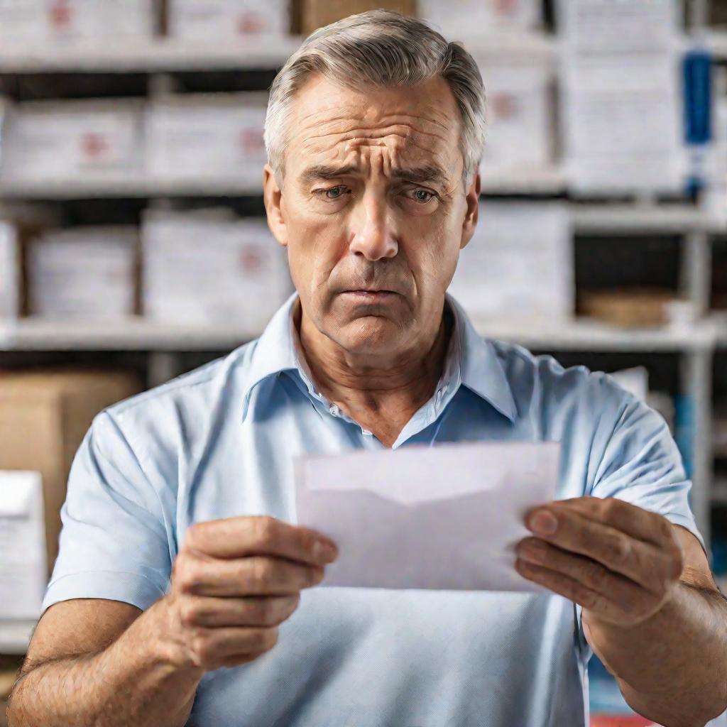 Крупным планом портрет сбитого с толку мужчины средних лет в почтовом отделении, держащего письмо. Он щурится на обратный адрес со складками на лбу, сбитый с толку загадочной аббревиатурой ДТИ вместо нормального адреса отправителя. Его морщинистые руки сж