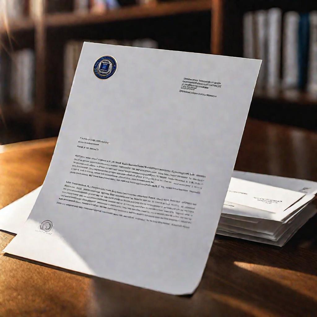 Драматический кинематографический крупный план официального письма на столе с обратным адресом ДТИ вместо нормальных данных отправителя. Белый конверт лежит под углом с тенями, падающими на него. На заднем фоне размыты книжные полки и окно, из которого ль