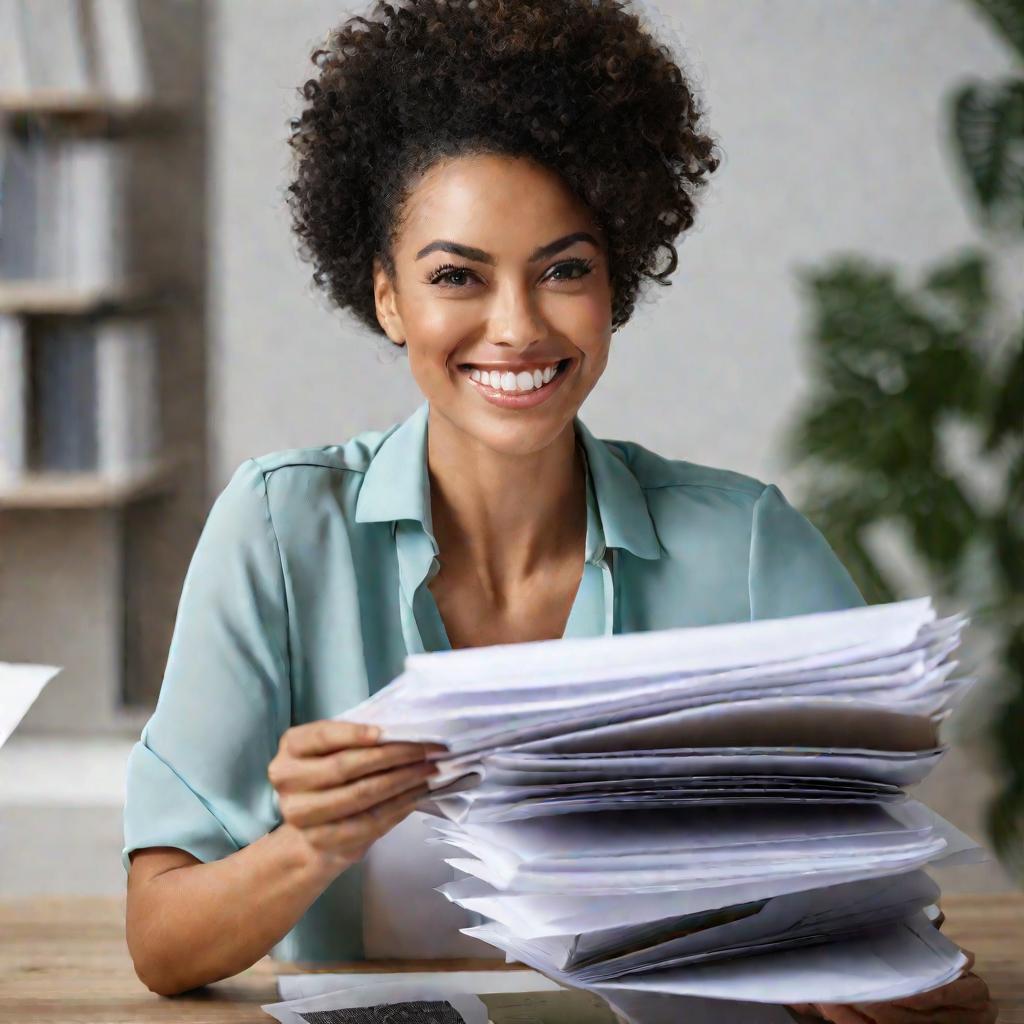 Портрет женщины, держащей стопку документов.