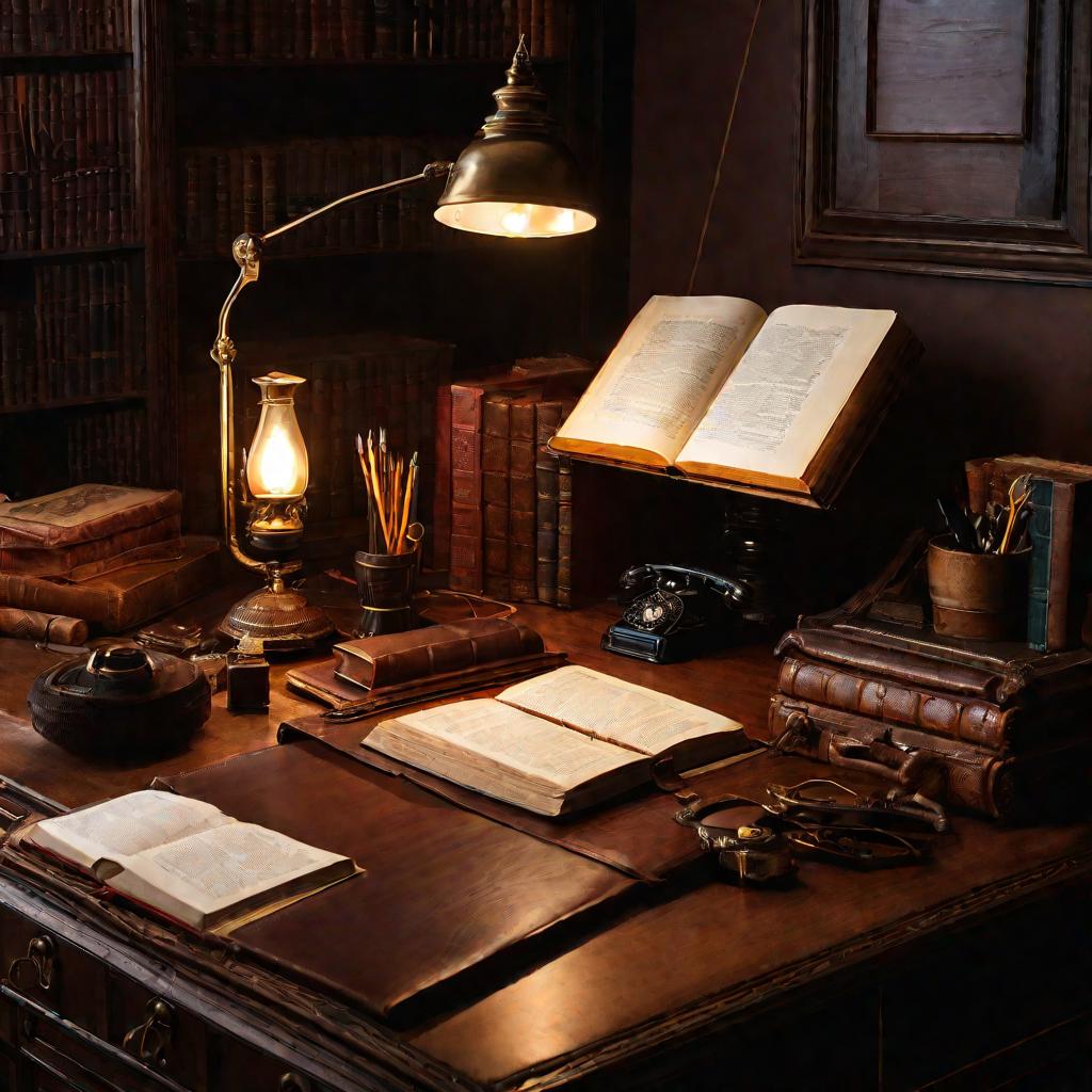 Стол в офисе с книгами и письменными принадлежностями.