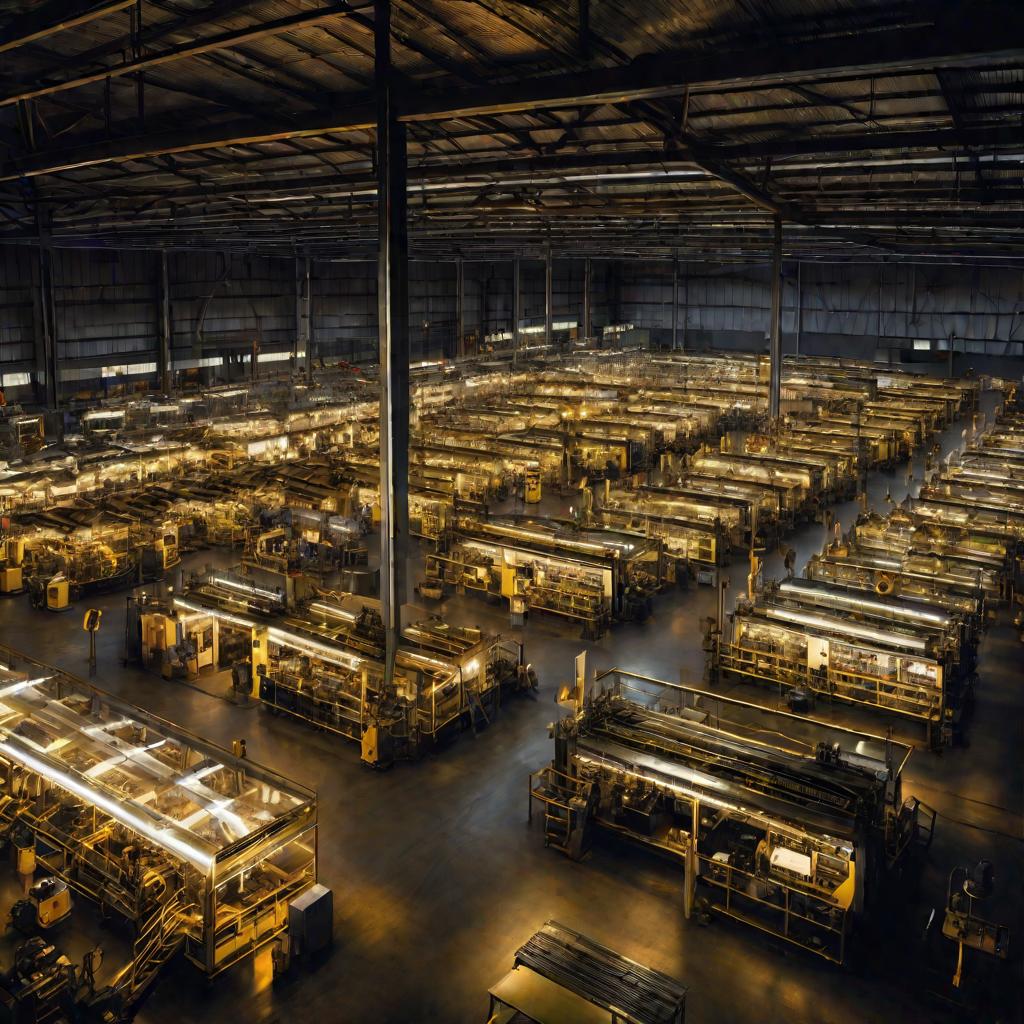 Заводской цех с металлообрабатывающими станками ночью