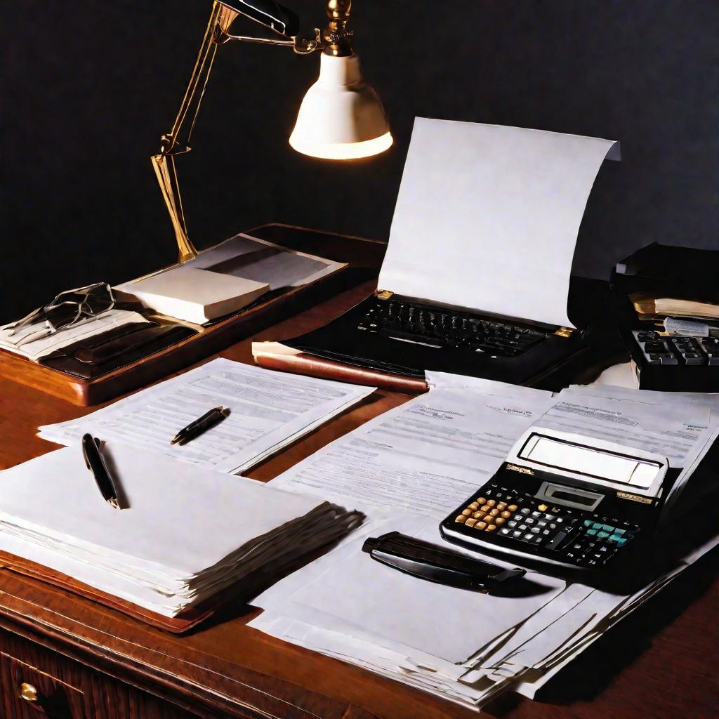 Стопка документов и портфель на столе в офисе ночью