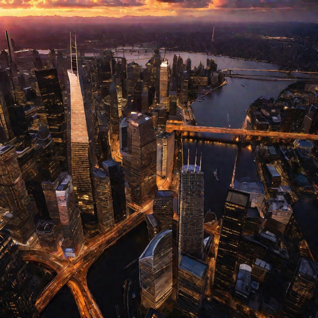 Вид на деловой центр города на закате