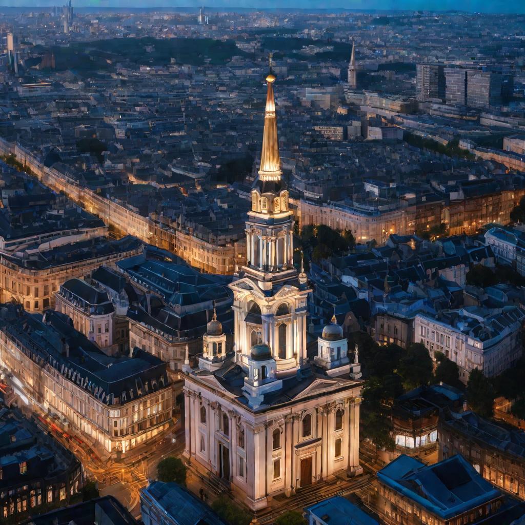 Вид сверху на небоскребы и церковь в сумерках.