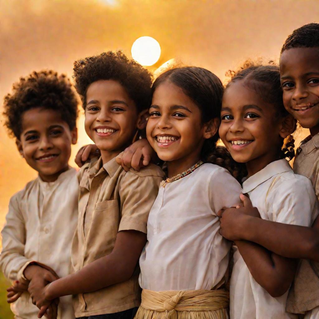 Дети разных национальностей, держась за руки.