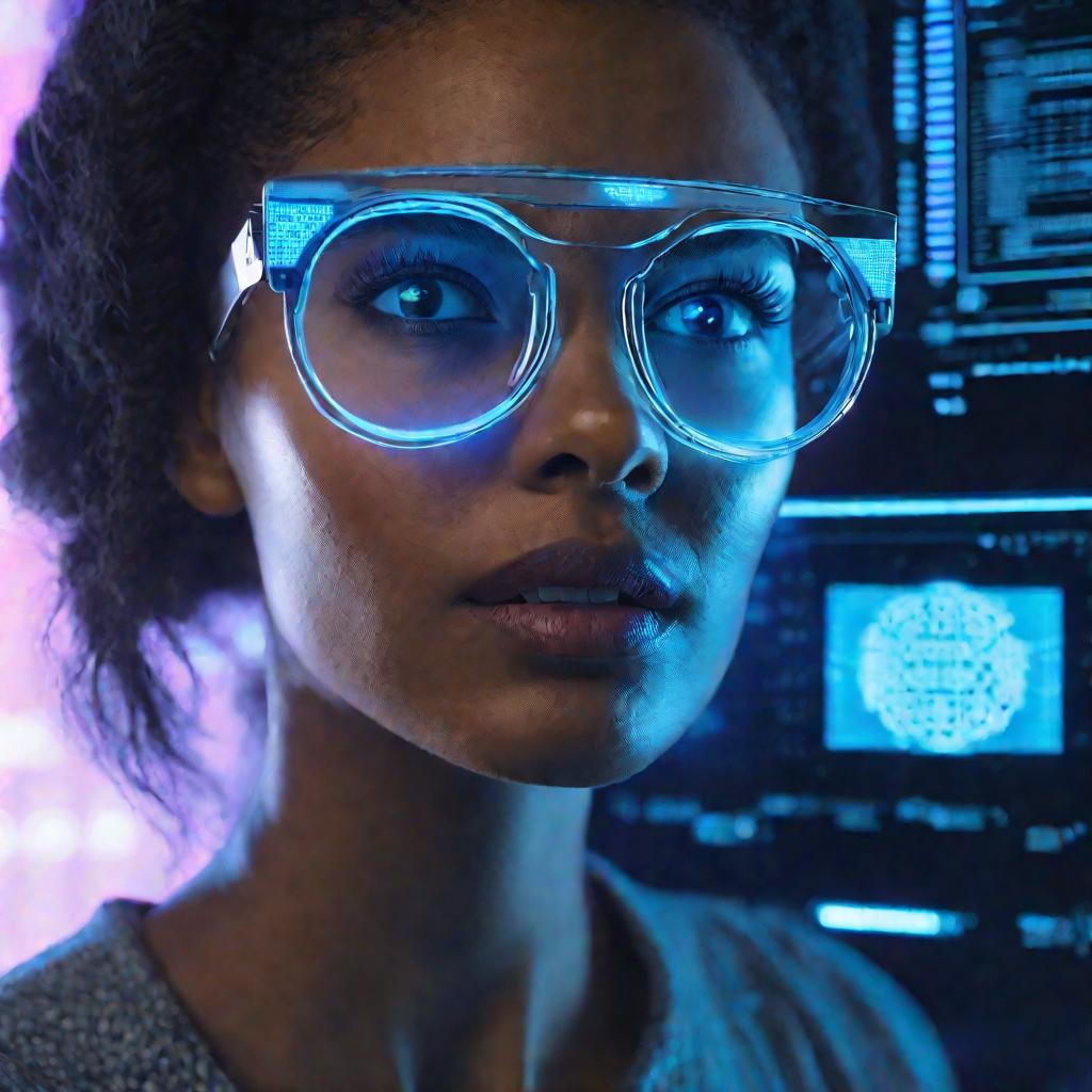 Портрет женщины в очках, работающей с голографическим интерфейсом