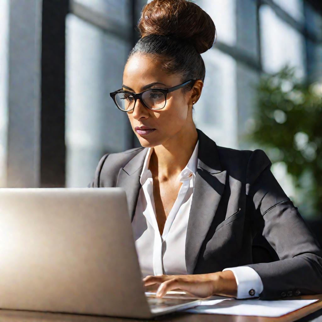 Портрет сосредоточенного бухгалтера, работающего на ноутбуке в светлом офисе