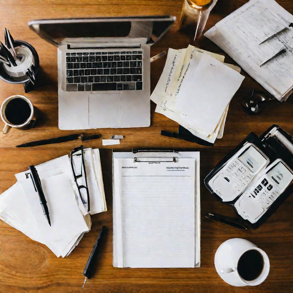 Вид сверху на стеклянный конференц-стол с разложенными на нем документами и книгами