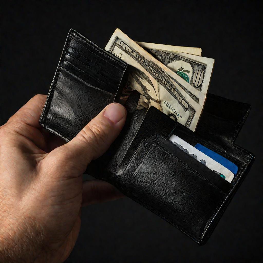 Рука держит деньги в бумажнике на черном фоне