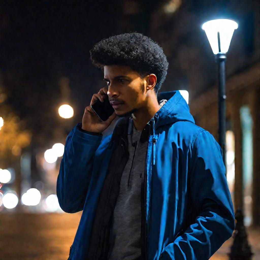 Мужчина разговаривает по телефону ночью на улице