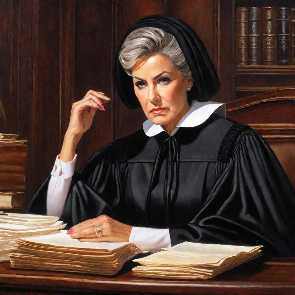 Портрет судьи в мантии за столом в зале суда