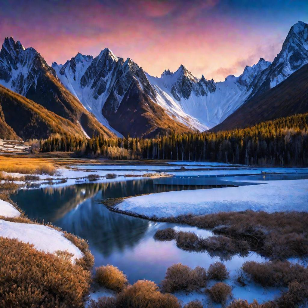 Горный пейзаж на закате с заснеженными вершинами