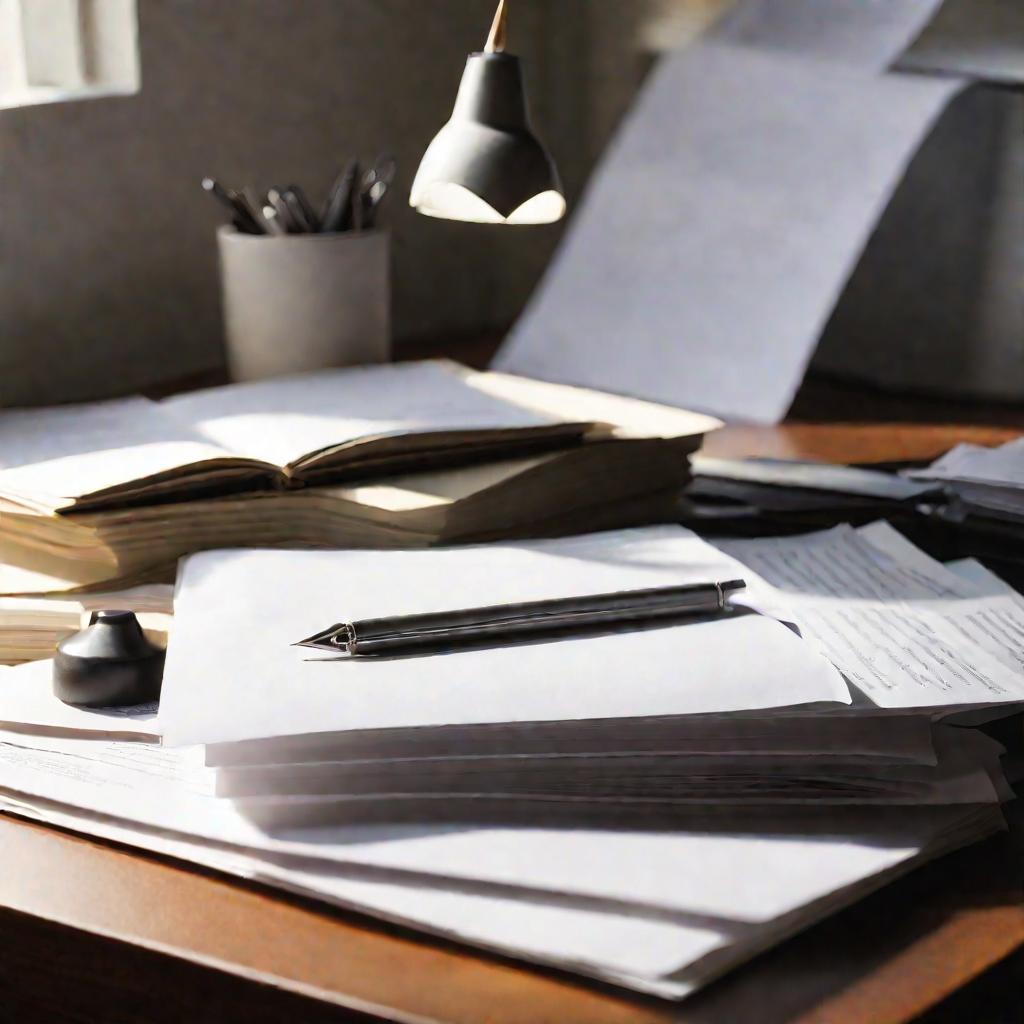 Бумаги и ручка на рабочем столе в светлом офисе
