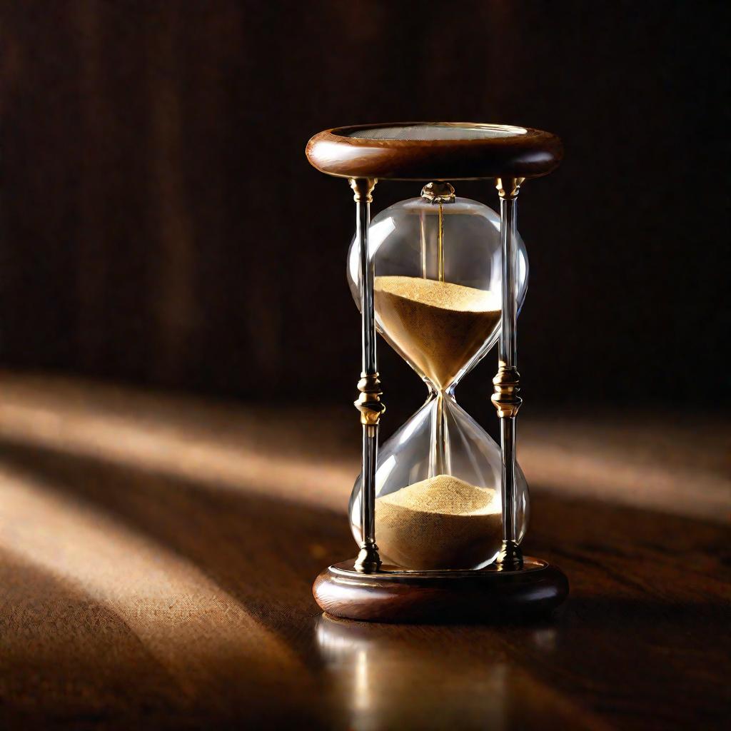 Песочные часы отмеряют время на деревянной поверхности, мягкий свет подчеркивает детали