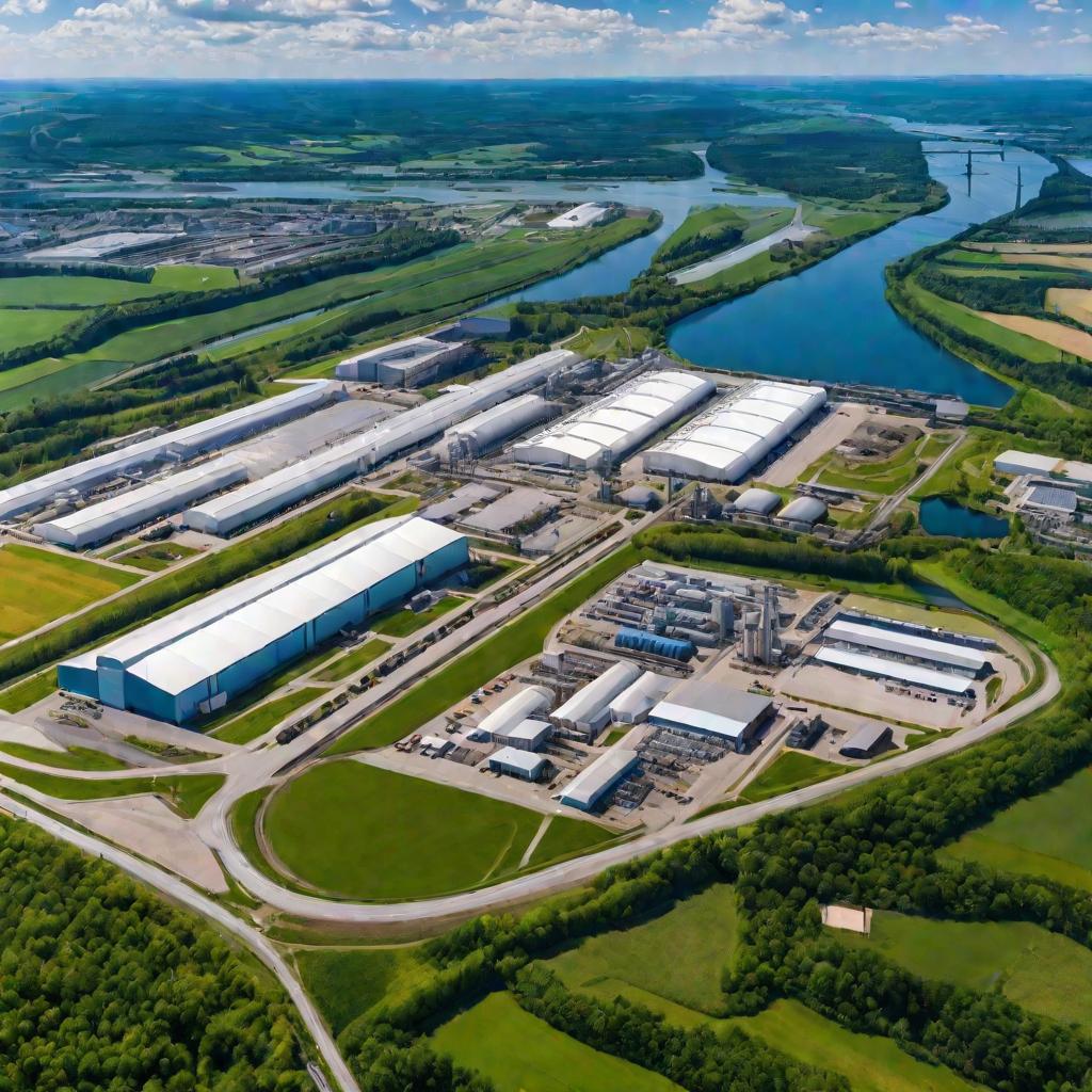 Вид сверху на огромный современный завод со множеством цехов, техники, дорогами и зелеными насаждениями