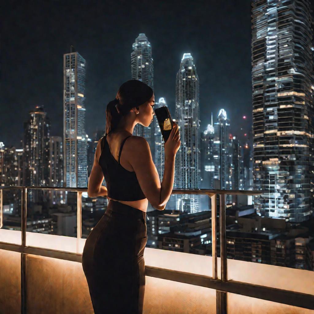 Женщина с телефоном на балконе высотки ночью