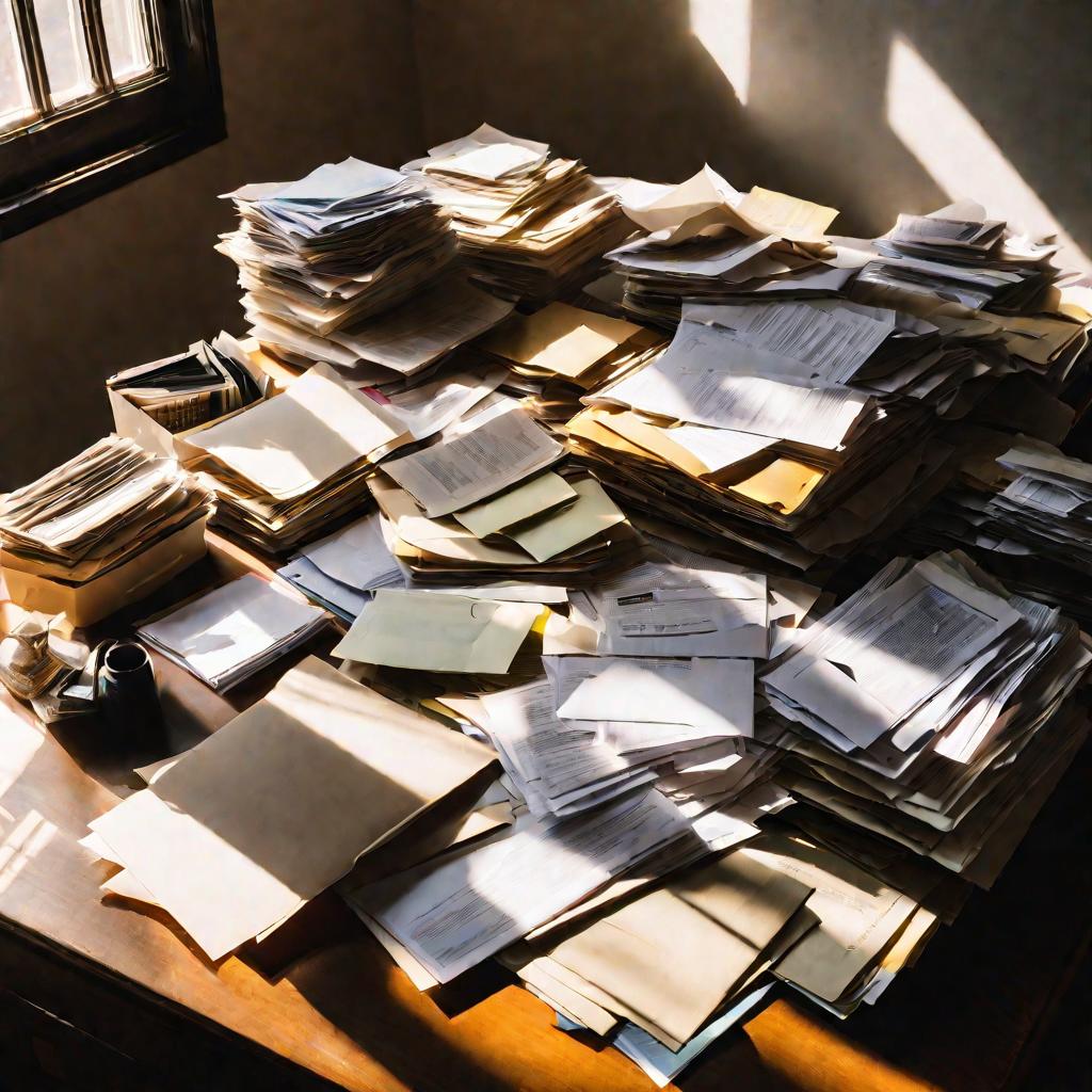 Хаотичный рабочий стол, заваленный юридическими бумагами