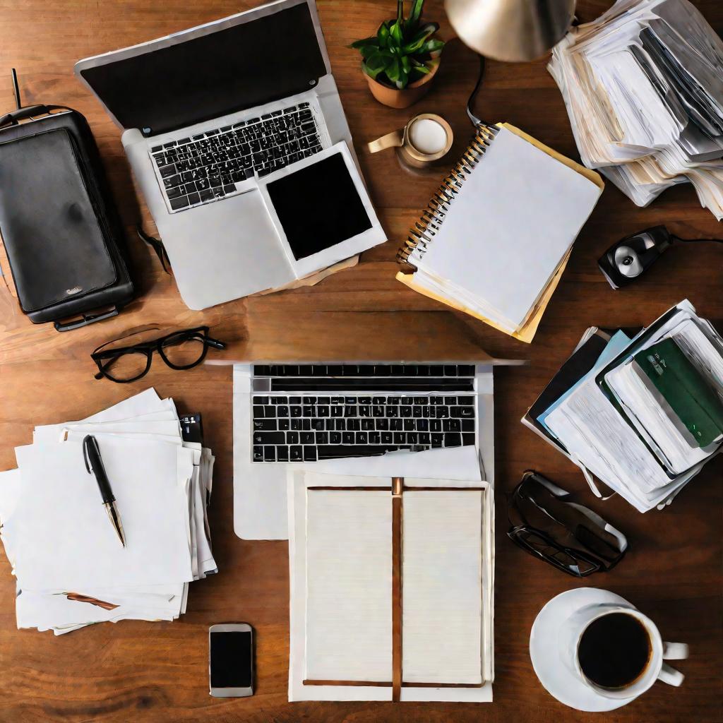 Вид сверху на рабочий стол, заваленный бумагами