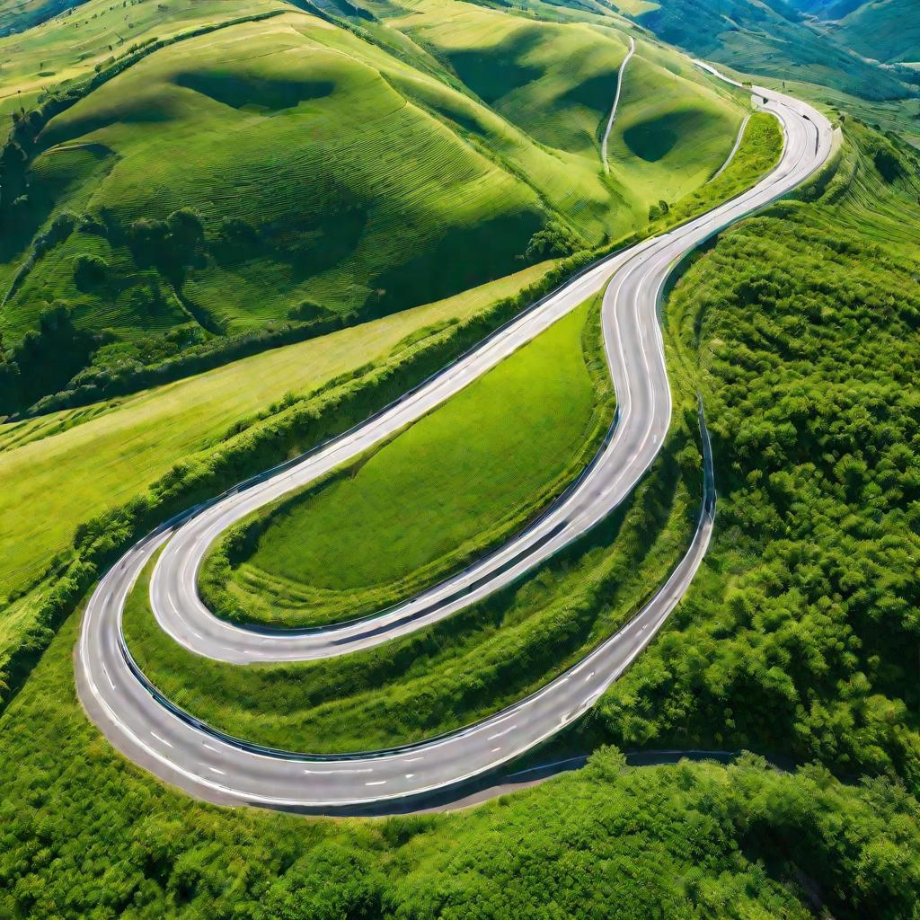 &Uuml;становочный воздушный кадр извилистого шоссе, пролегающего сквозь живописные зеленые холмы в солнечный летний день. Вдали по дороге едет небольшой белый фургон. Просторный пейзаж передает чувство свободы и возможностей.