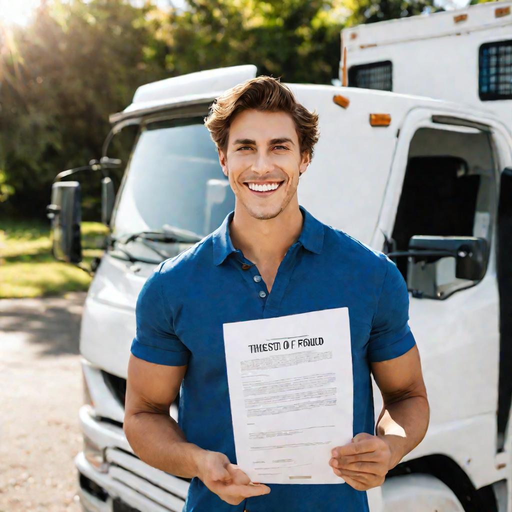 Широкий портретный кадр улыбающегося молодого человека с короткими каштановыми волосами в синей рубашке, стоящего на улице рядом с белым грузовиком в солнечный день. Он держит в руках важного вида документ с названием Доверенность. Человек выглядит счастл