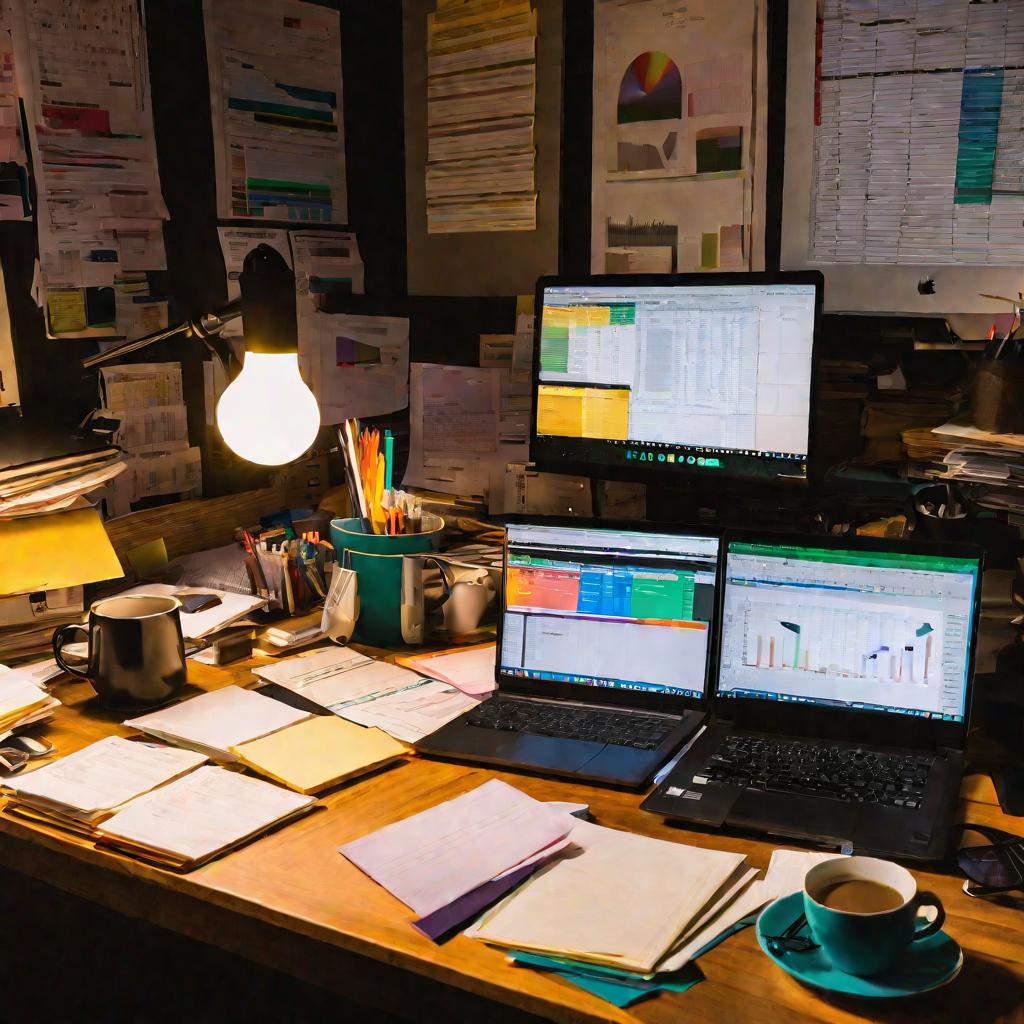 Беспорядок на рабочем столе, кофе, бумаги, ноутбук