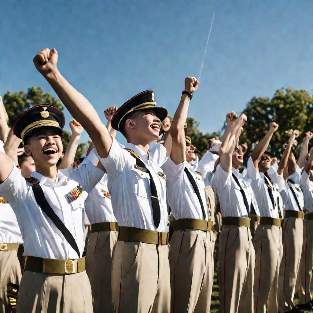 Группа новобранцев ликуют на плацу в солнечный день